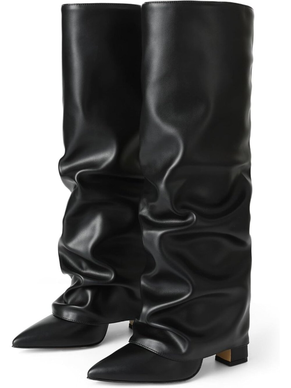 Women's Black Pu Knee High Boots Wide Calf Chunky High Heel Boots Pointed Toe
